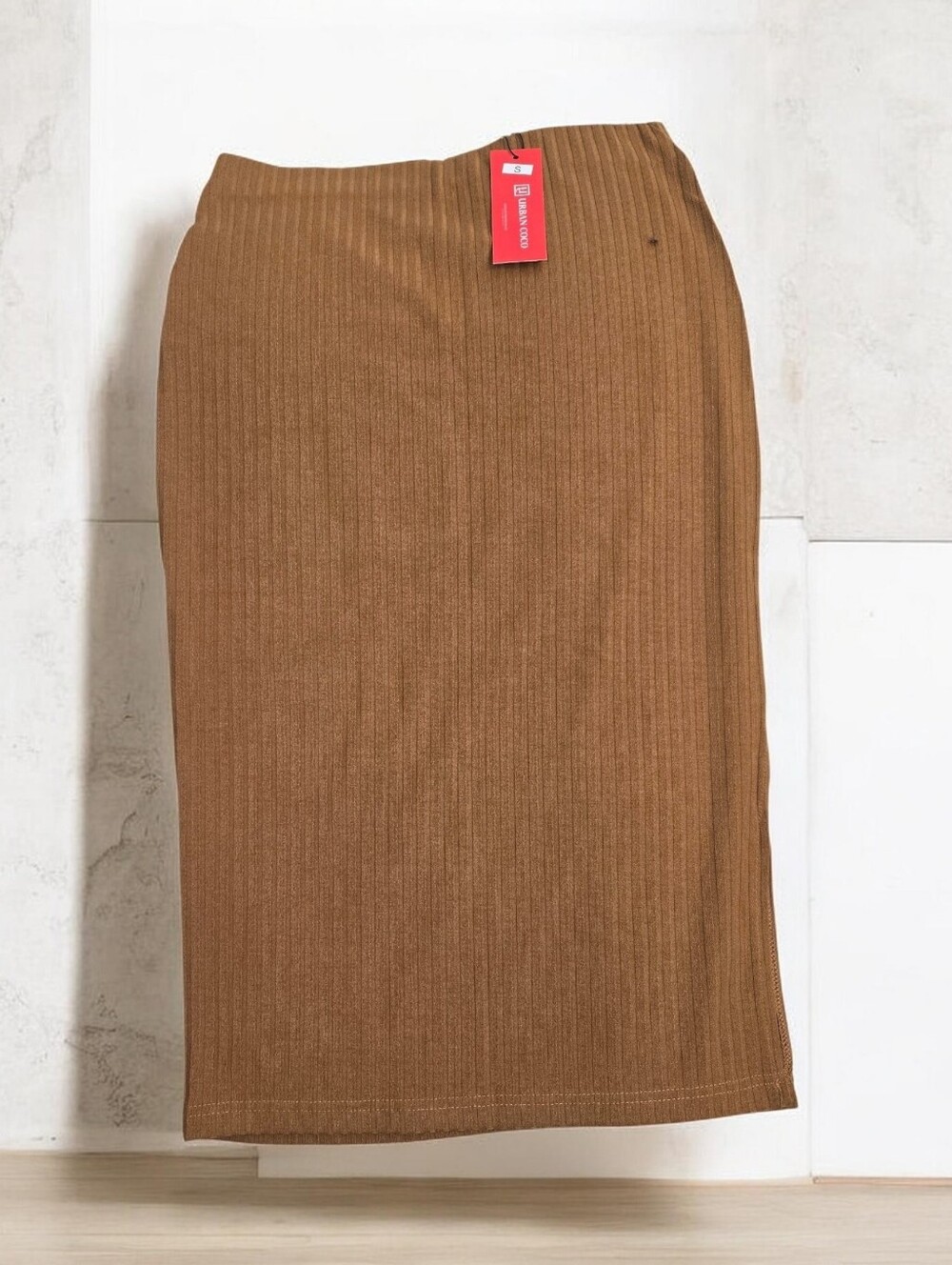 URBAN COCO Women’s Ribbed Midi Skirt in Brown